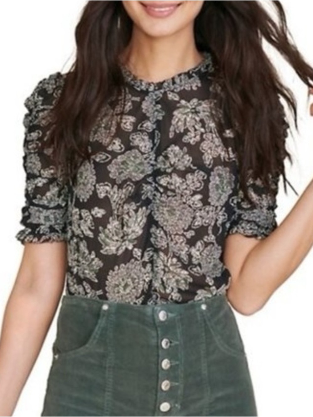Veronica Beard Natuka Floral Silk Top Black Sheer Blouse Womens Size 4